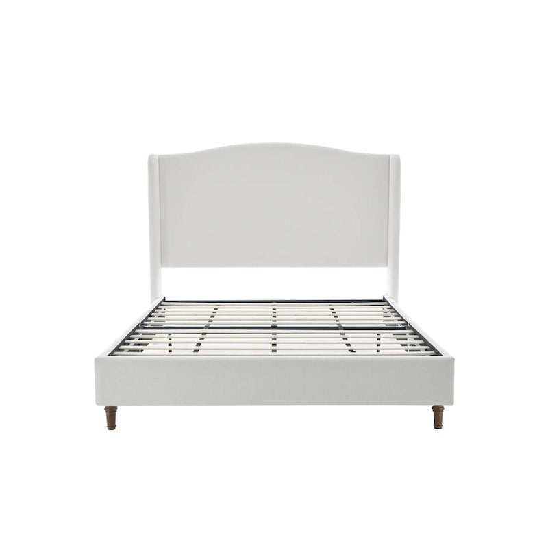 Upholstered Wingback Bed – King Size, Camelback Headboard, Cream White Chenille