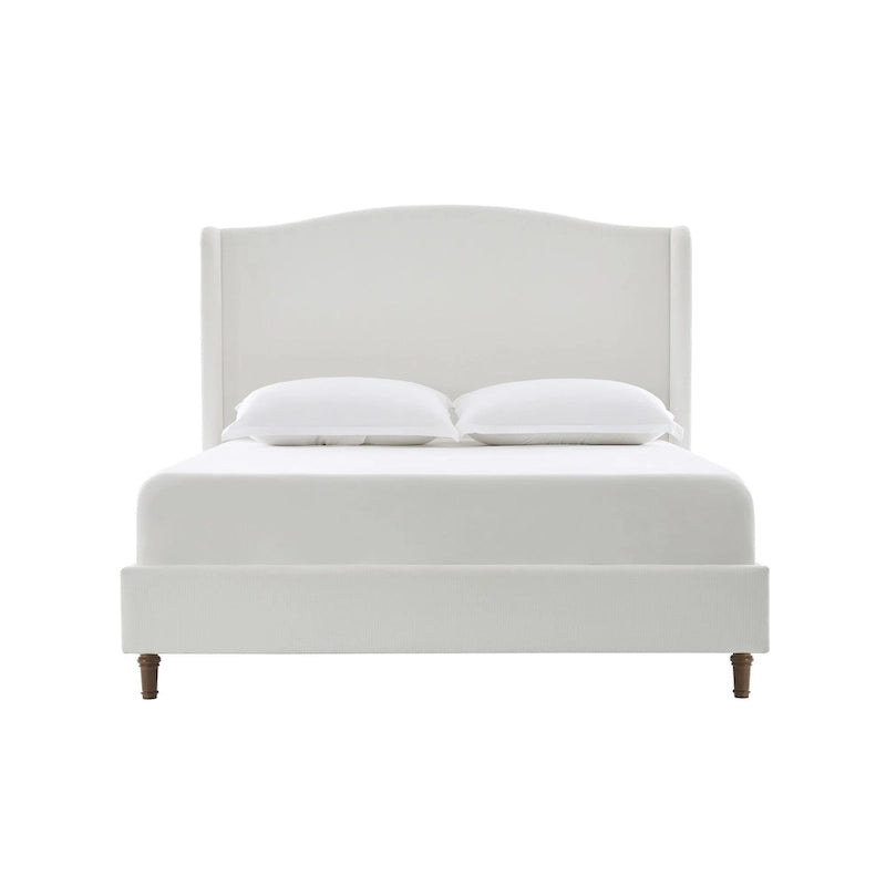 Upholstered Wingback Bed – King Size, Camelback Headboard, Cream White Chenille