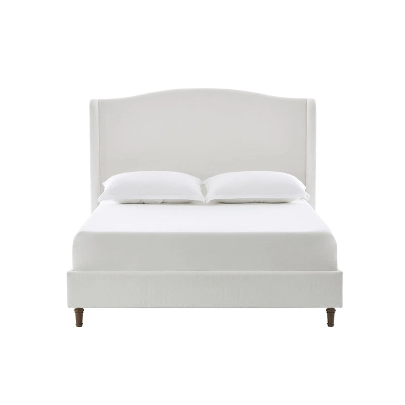 Upholstered Wingback Bed – King Size, Camelback Headboard, Cream White Chenille