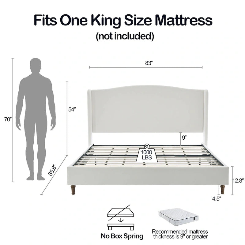 Upholstered Wingback Bed – King Size, Camelback Headboard, Cream White Chenille