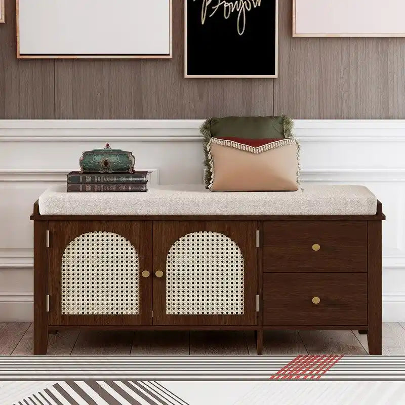Banc de rangement capitonné avec portes et tiroir en rotin – Style vintage, 4 couleurs