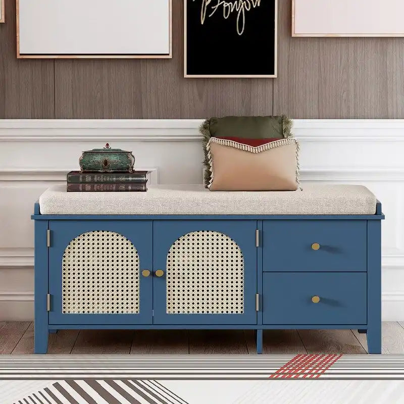 Banc de rangement capitonné avec portes et tiroir en rotin – Style vintage, 4 couleurs