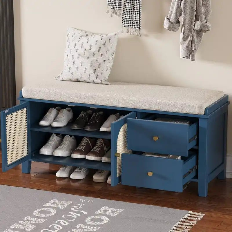 Banc de rangement capitonné avec portes et tiroir en rotin – Style vintage, 4 couleurs