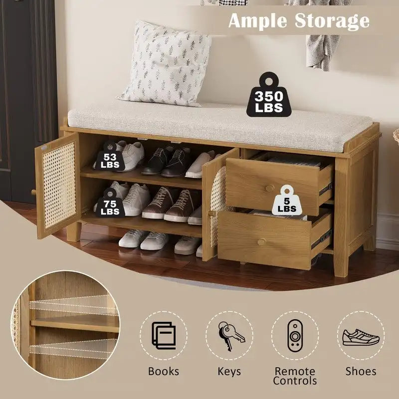 Banc de rangement capitonné avec portes et tiroir en rotin – Style vintage, 4 couleurs