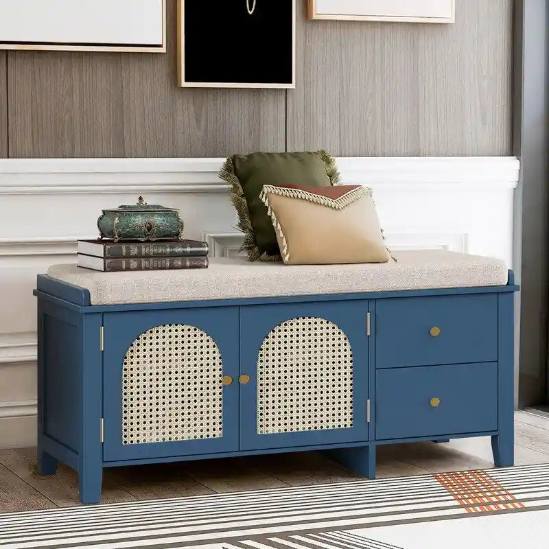 Banc de rangement capitonné avec portes et tiroir en rotin – Style vintage, 4 couleurs
