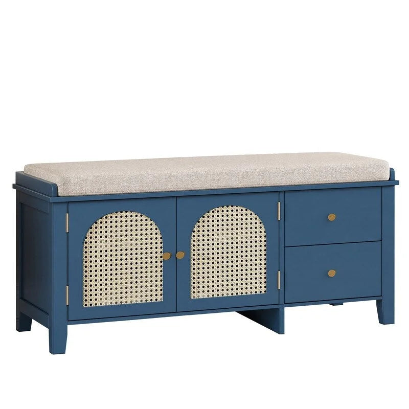 Banc de rangement capitonné avec portes et tiroir en rotin – Style vintage, 4 couleurs