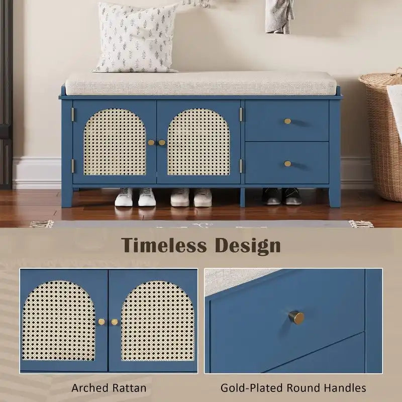 Banc de rangement capitonné avec portes et tiroir en rotin – Style vintage, 4 couleurs