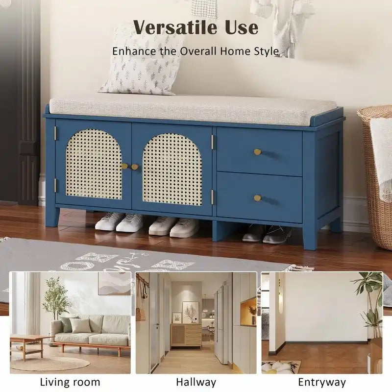 Banc de rangement capitonné avec portes et tiroir en rotin – Style vintage, 4 couleurs