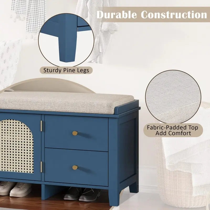 Banc de rangement capitonné avec portes et tiroir en rotin – Style vintage, 4 couleurs