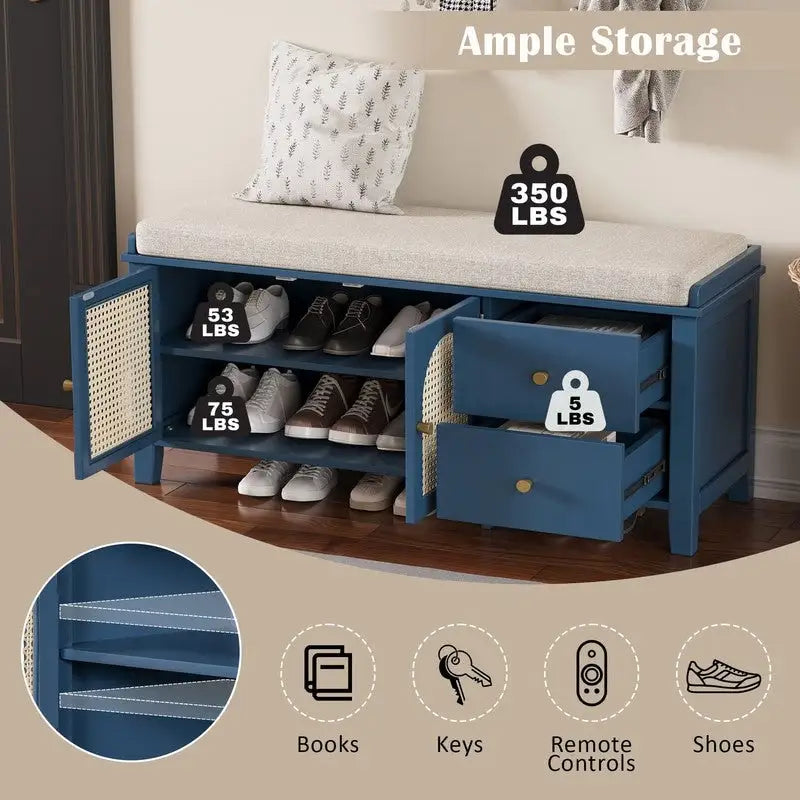 Banc de rangement capitonné avec portes et tiroir en rotin – Style vintage, 4 couleurs