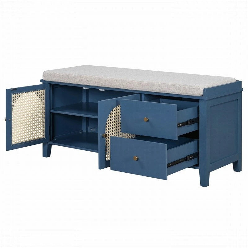 Banc de rangement capitonné avec portes et tiroir en rotin – Style vintage, 4 couleurs