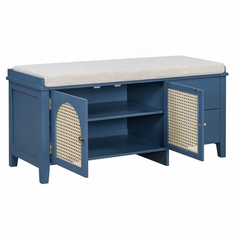 Banc de rangement capitonné avec portes et tiroir en rotin – Style vintage, 4 couleurs