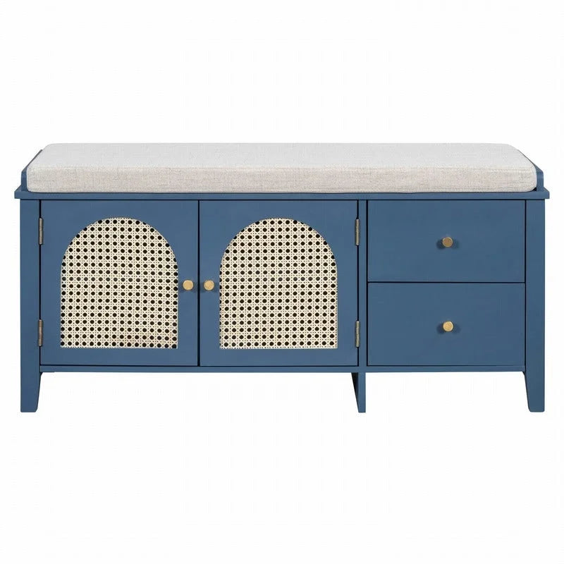 Banc de rangement capitonné avec portes et tiroir en rotin – Style vintage, 4 couleurs