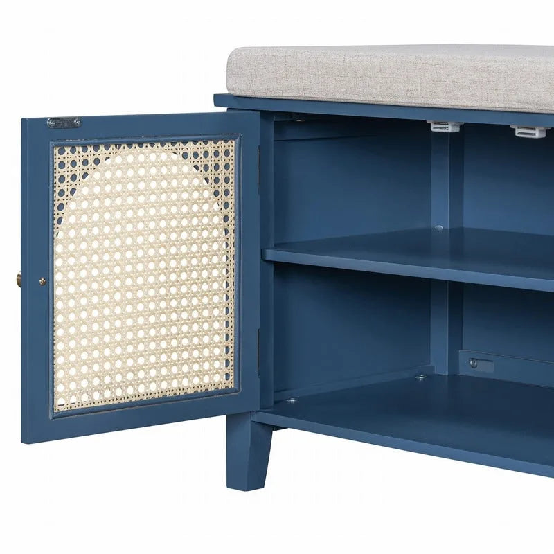 Banc de rangement capitonné avec portes et tiroir en rotin – Style vintage, 4 couleurs