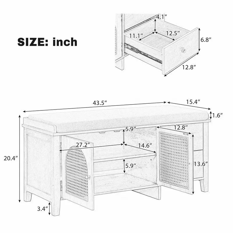 Banc de rangement capitonné avec portes et tiroir en rotin – Style vintage, 4 couleurs