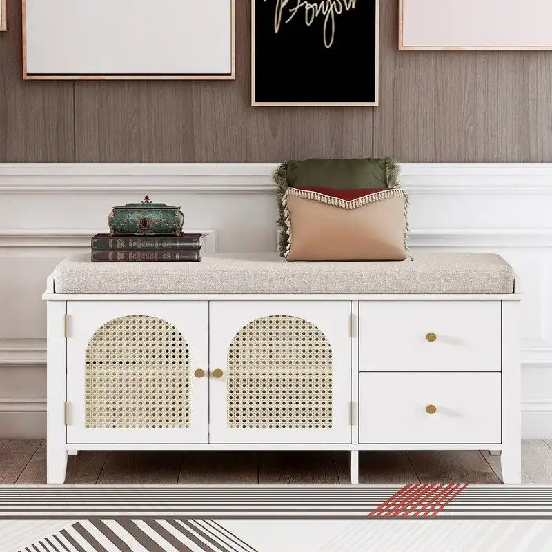 Banc de rangement capitonné avec portes et tiroir en rotin – Style vintage, 4 couleurs