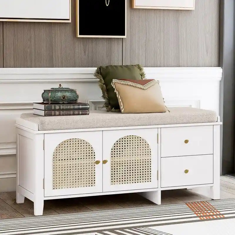 Banc de rangement capitonné avec portes et tiroir en rotin – Style vintage, 4 couleurs