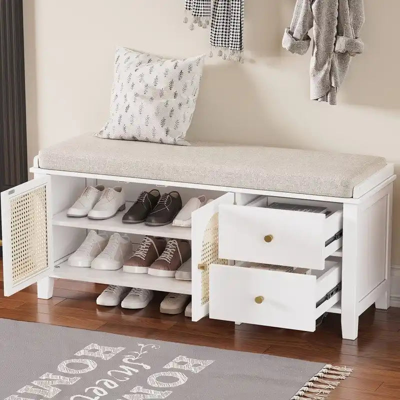 Banc de rangement capitonné avec portes et tiroir en rotin – Style vintage, 4 couleurs