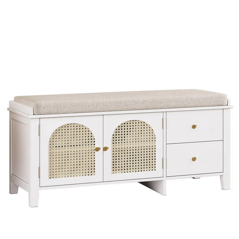 Banc de rangement capitonné avec portes et tiroir en rotin – Style vintage, 4 couleurs