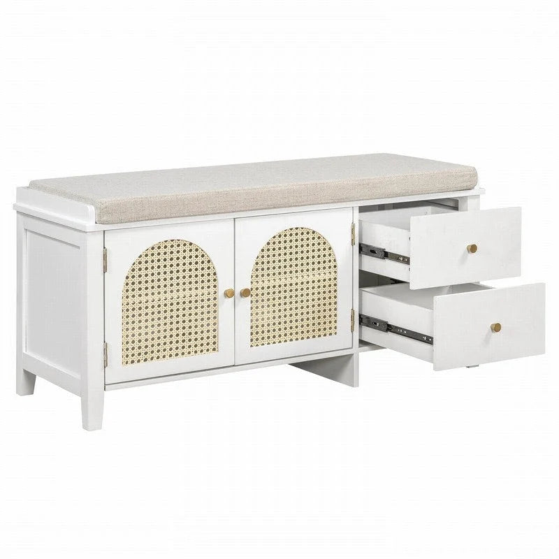 Banc de rangement capitonné avec portes et tiroir en rotin – Style vintage, 4 couleurs