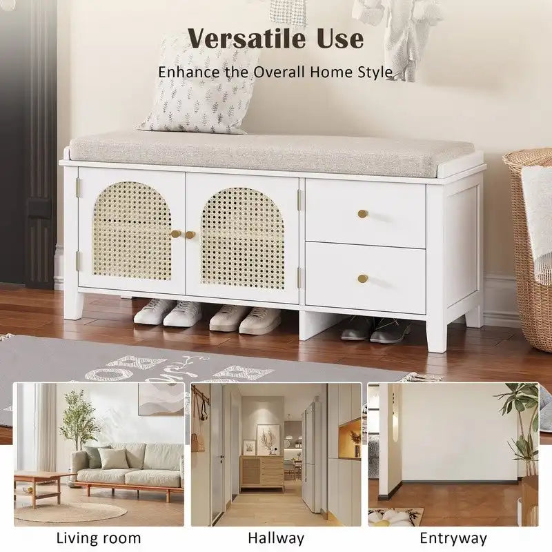 Banc de rangement capitonné avec portes et tiroir en rotin – Style vintage, 4 couleurs