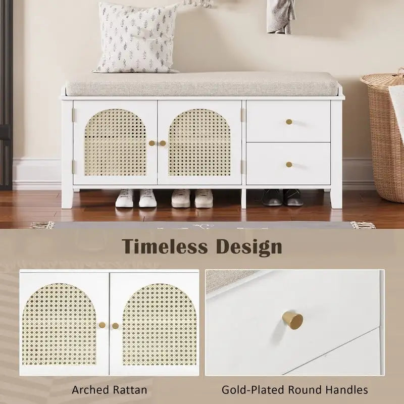 Banc de rangement capitonné avec portes et tiroir en rotin – Style vintage, 4 couleurs