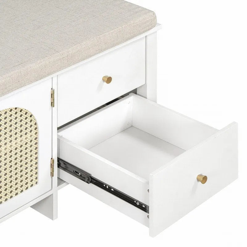 Banc de rangement capitonné avec portes et tiroir en rotin – Style vintage, 4 couleurs