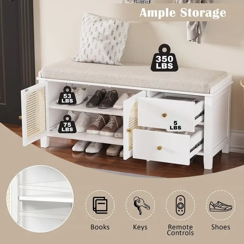 Banc de rangement capitonné avec portes et tiroir en rotin – Style vintage, 4 couleurs