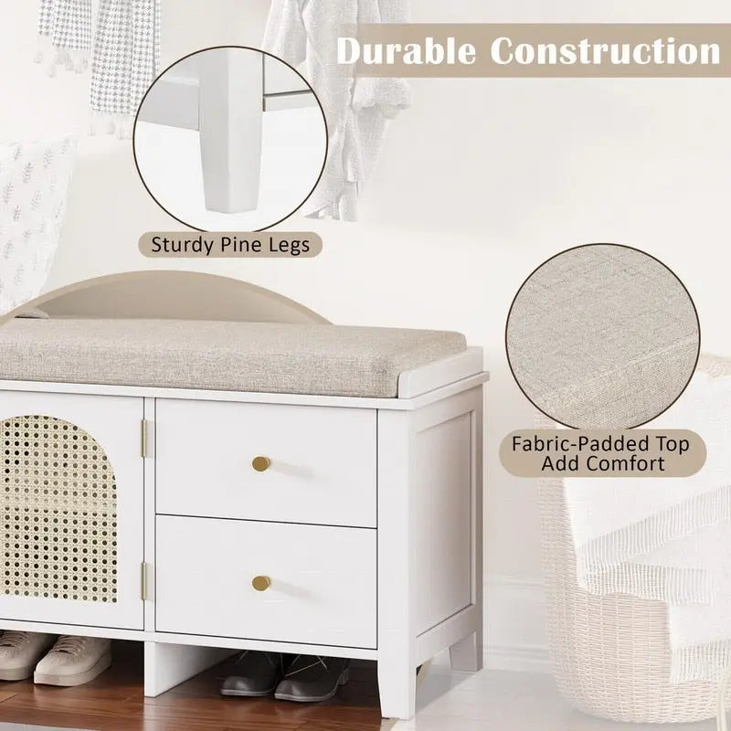 Banc de rangement capitonné avec portes et tiroir en rotin – Style vintage, 4 couleurs