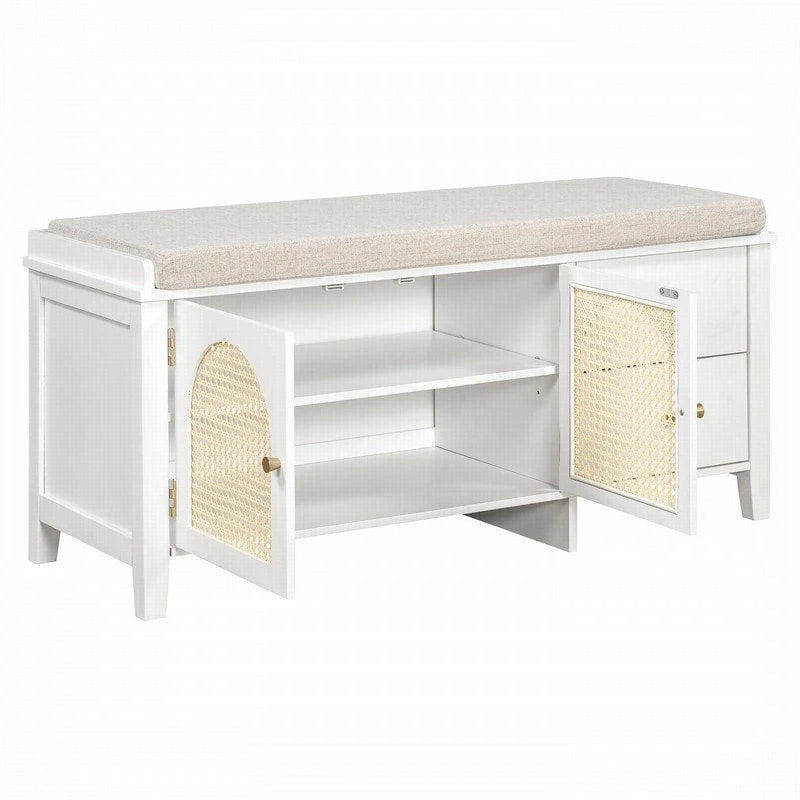 Banc de rangement capitonné avec portes et tiroir en rotin – Style vintage, 4 couleurs