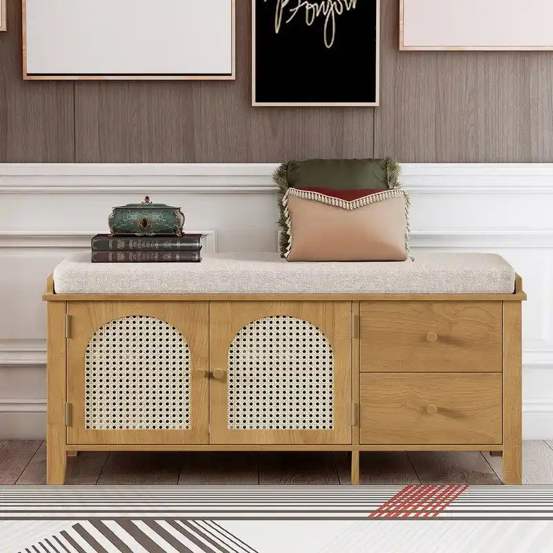 Banc de rangement capitonné avec portes et tiroir en rotin – Style vintage, 4 couleurs