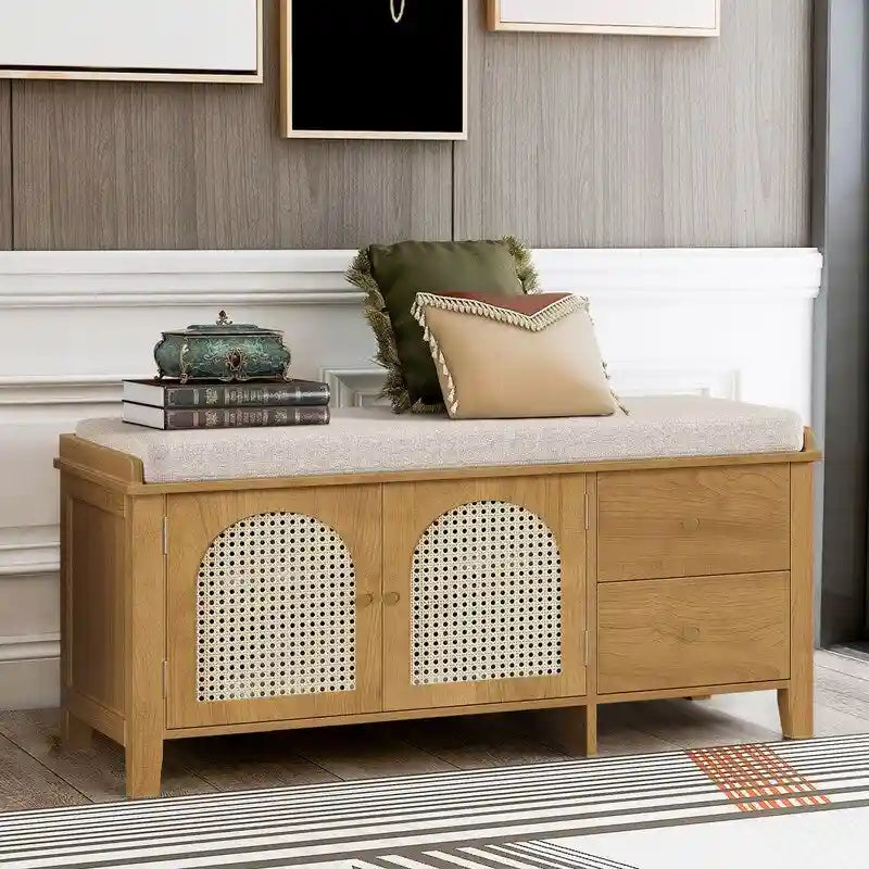 Banc de rangement capitonné avec portes et tiroir en rotin – Style vintage, 4 couleurs