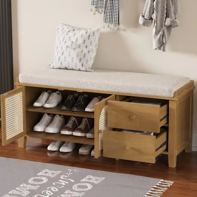 Banc de rangement capitonné avec portes et tiroir en rotin – Style vintage, 4 couleurs