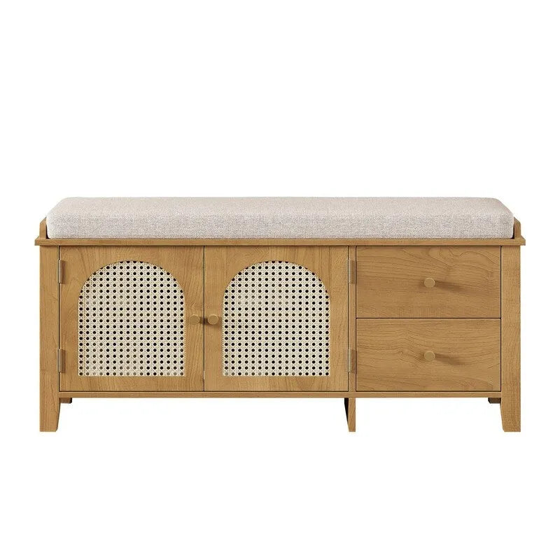 Banc de rangement capitonné avec portes et tiroir en rotin – Style vintage, 4 couleurs
