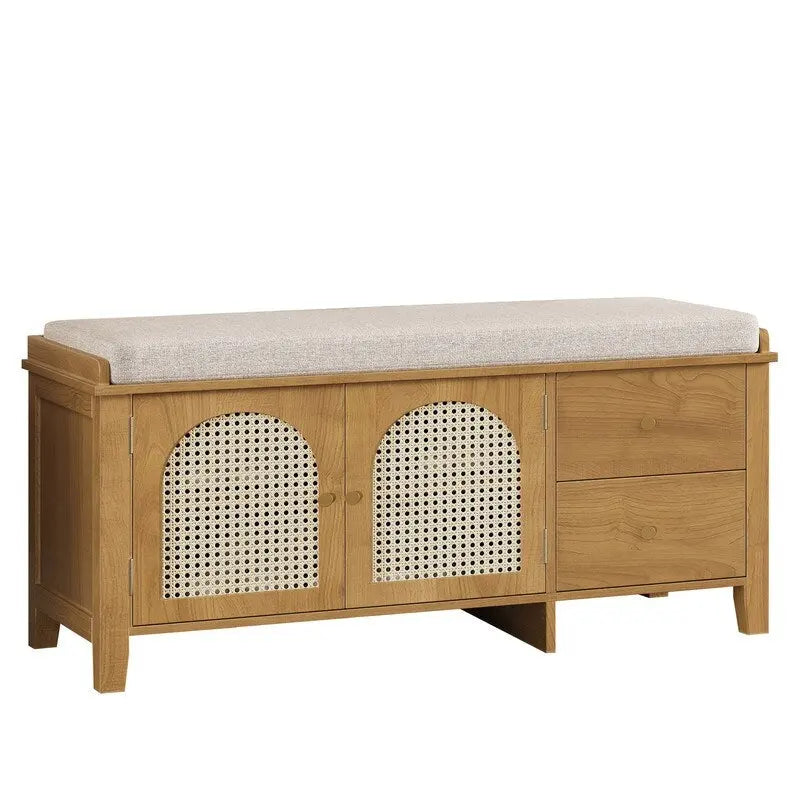 Banc de rangement capitonné avec portes et tiroir en rotin – Style vintage, 4 couleurs