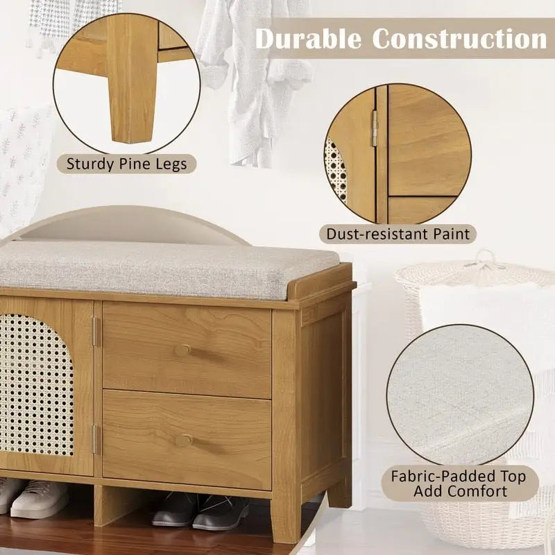 Banc de rangement capitonné avec portes et tiroir en rotin – Style vintage, 4 couleurs