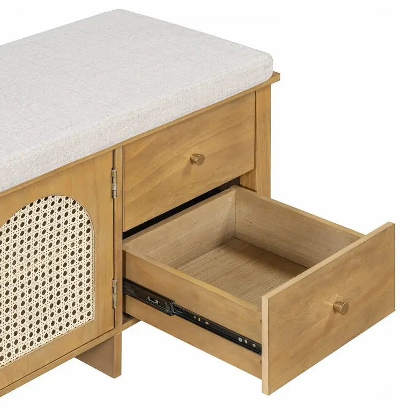 Banc de rangement capitonné avec portes et tiroir en rotin – Style vintage, 4 couleurs
