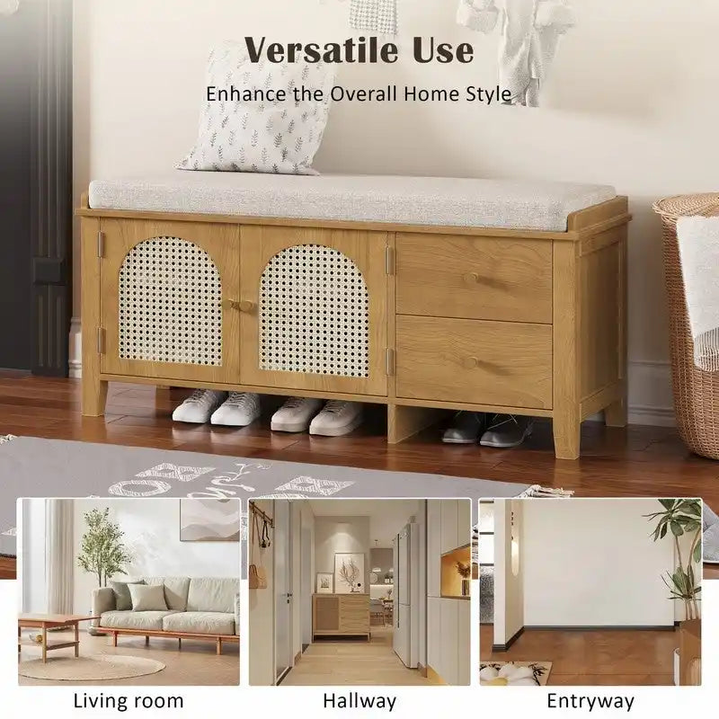 Banc de rangement capitonné avec portes et tiroir en rotin – Style vintage, 4 couleurs