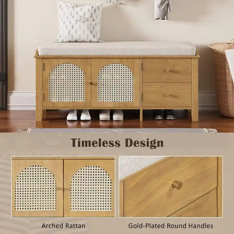 Banc de rangement capitonné avec portes et tiroir en rotin – Style vintage, 4 couleurs