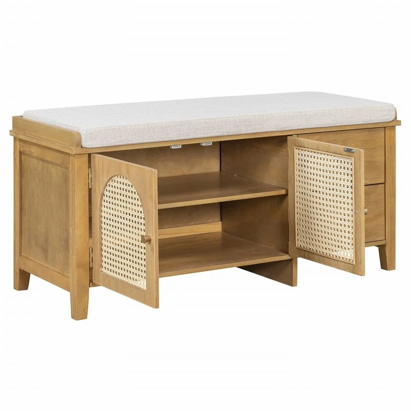 Banc de rangement capitonné avec portes et tiroir en rotin – Style vintage, 4 couleurs