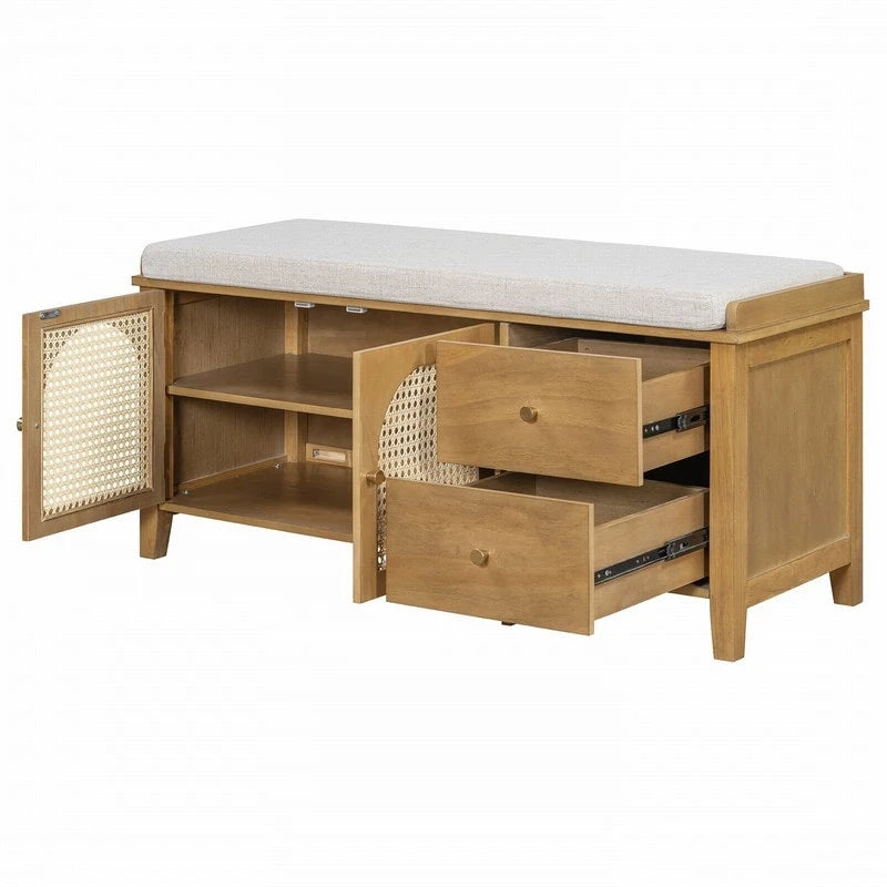 Banc de rangement capitonné avec portes et tiroir en rotin – Style vintage, 4 couleurs
