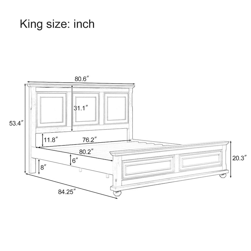 Lit plateforme King Pinewood avec tête de lit sculptée