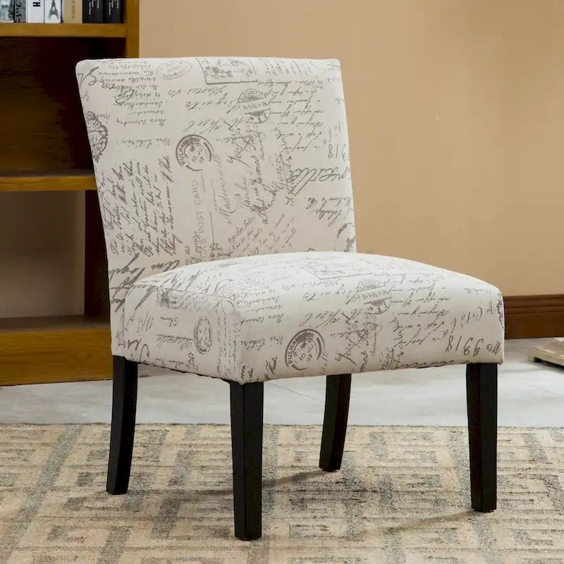 French Script Print Armless Accent Chair with Espresso Wood Legs
