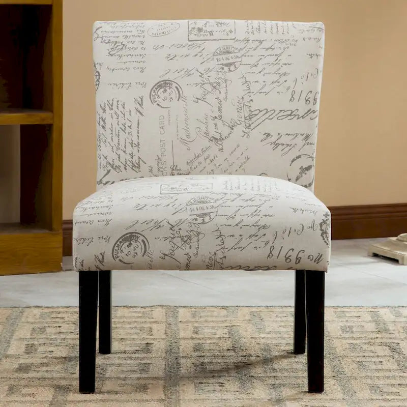 French Script Print Armless Accent Chair with Espresso Wood Legs