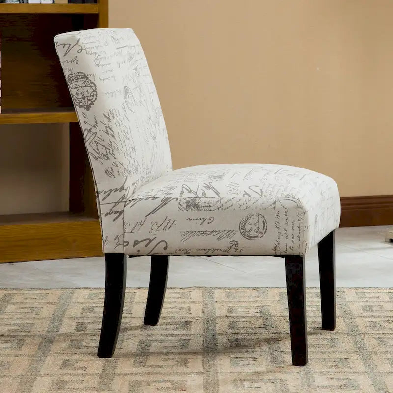 French Script Print Armless Accent Chair with Espresso Wood Legs