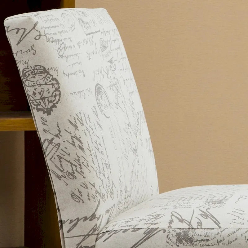 French Script Print Armless Accent Chair with Espresso Wood Legs