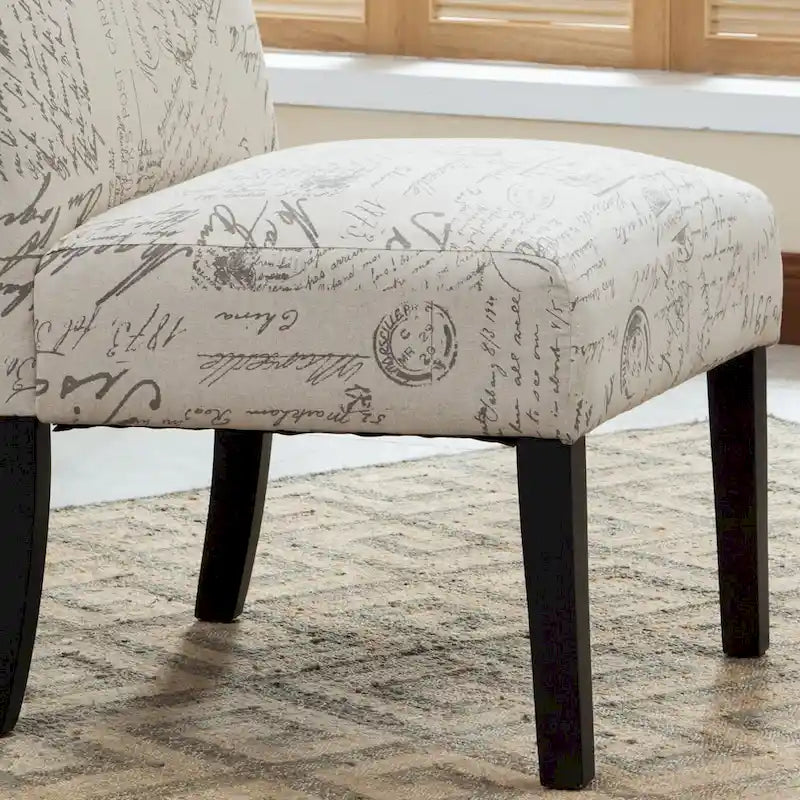 French Script Print Armless Accent Chair with Espresso Wood Legs