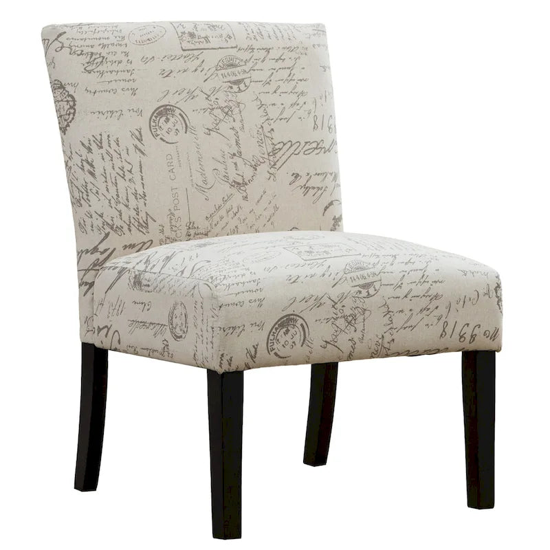 French Script Print Armless Accent Chair with Espresso Wood Legs
