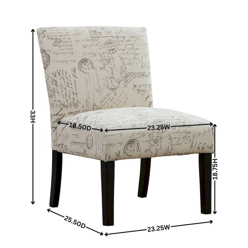 French Script Print Armless Accent Chair with Espresso Wood Legs