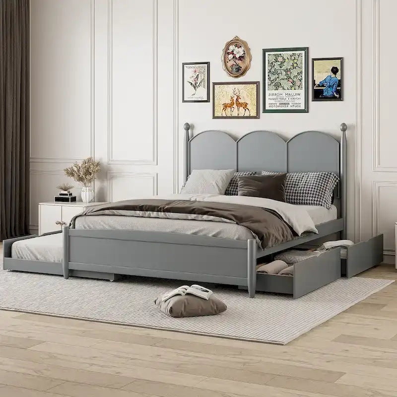 Lit plate-forme queen avec lit gigogne et tiroirs de rangement